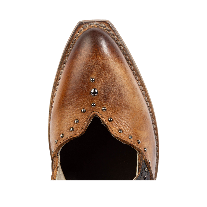Top view showing silver stud detailing and pointed toe construction on FREEBIRD women's Sharona tan bootie