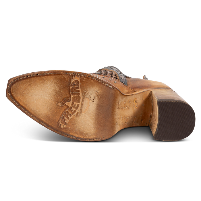 Leather sole imprinted with FREEBIRD on women's Sharona tan bootie