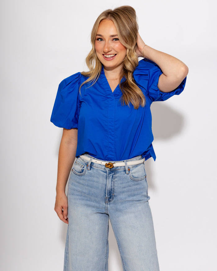 Shirred Detail Bubble Sleeve Top in Blue
