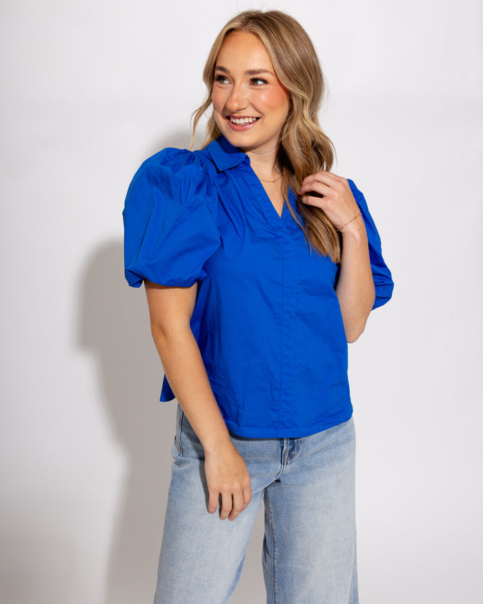 Shirred Detail Bubble Sleeve Top in Blue