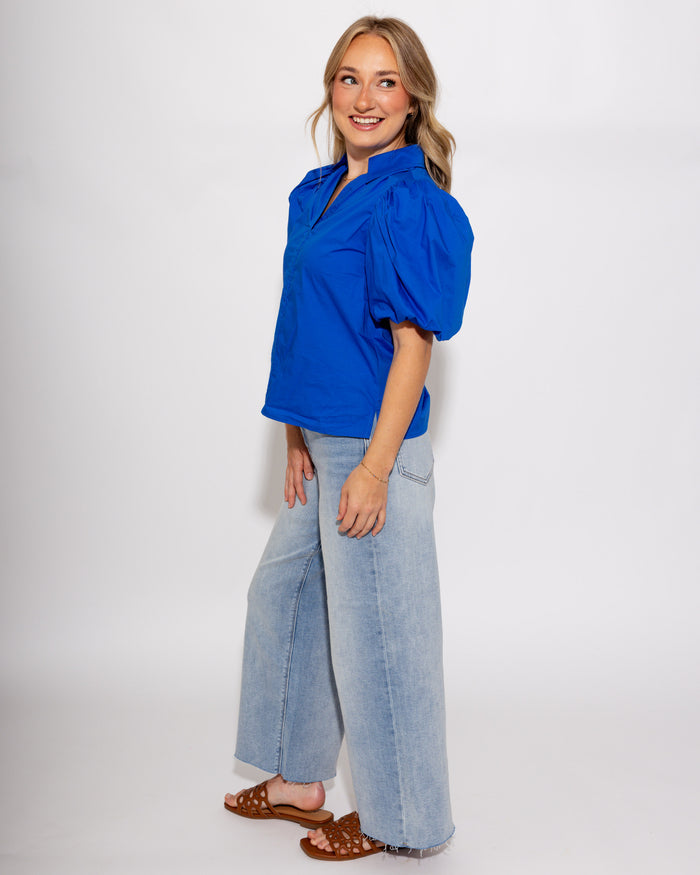 Shirred Detail Bubble Sleeve Top in Blue