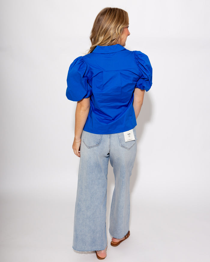 Shirred Detail Bubble Sleeve Top in Blue