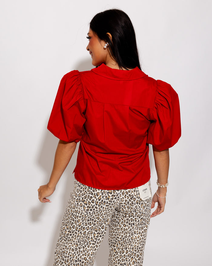 Shirred Detail Bubble Sleeve Top in Red