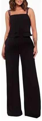 Sleeveless Fashion Suit: Ruffles Top & Straight-Leg Pants, Solid Color Options S-XXL - Allen-Fitness