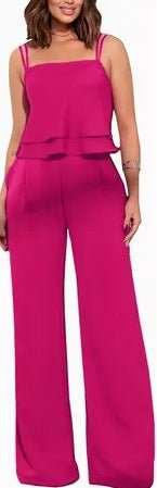 Sleeveless Fashion Suit: Ruffles Top & Straight-Leg Pants, Solid Color Options S-XXL - Allen-Fitness