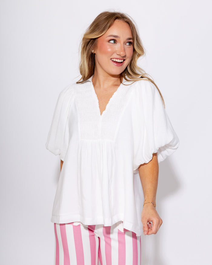 Smocked V-Neck Puff Sleeve Top
