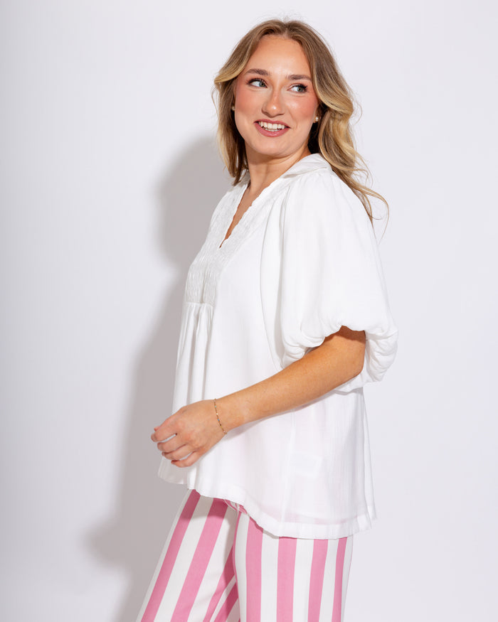 Smocked V-Neck Puff Sleeve Top