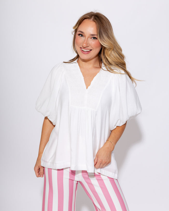 Smocked V-Neck Puff Sleeve Top