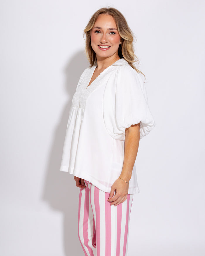 Smocked V-Neck Puff Sleeve Top