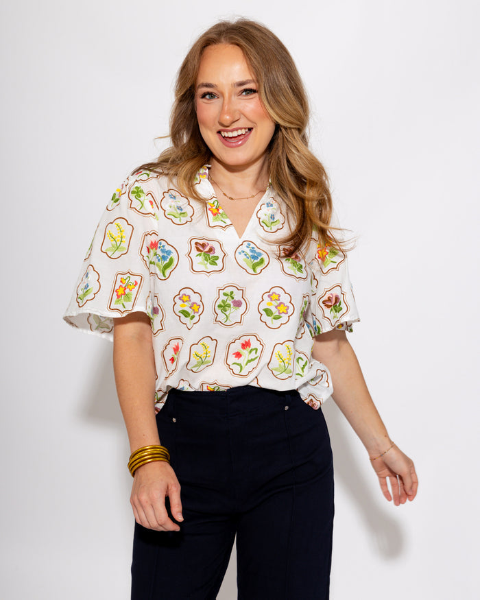 Split Neck Embroidered Floral Top