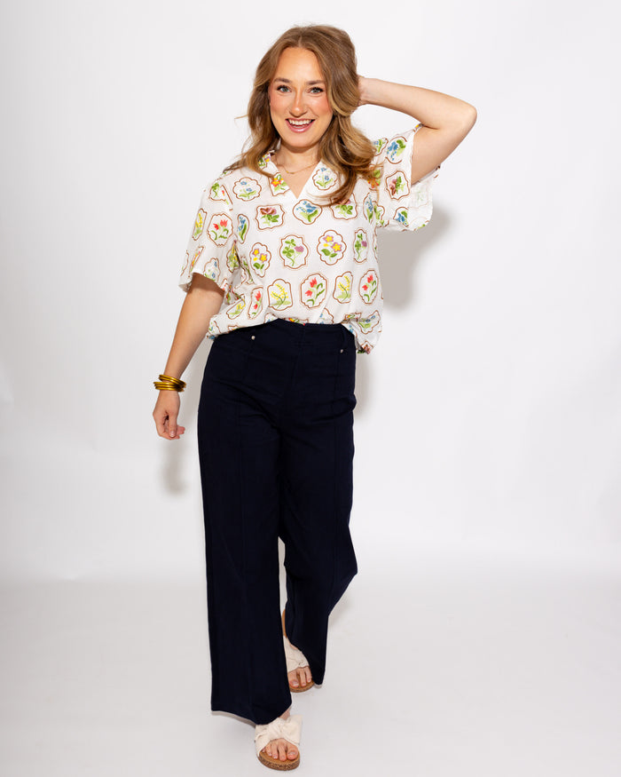 Split Neck Embroidered Floral Top