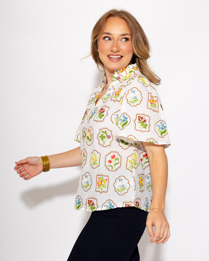 Split Neck Embroidered Floral Top