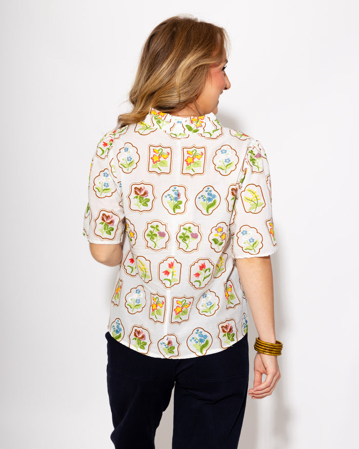 Split Neck Embroidered Floral Top