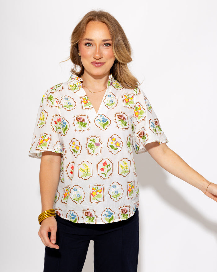 Split Neck Embroidered Floral Top