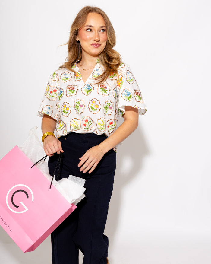 Split Neck Embroidered Floral Top
