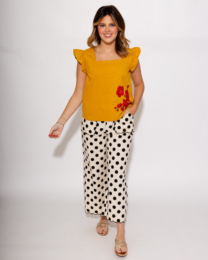 Square Neck Red Bloom Embroidery Top