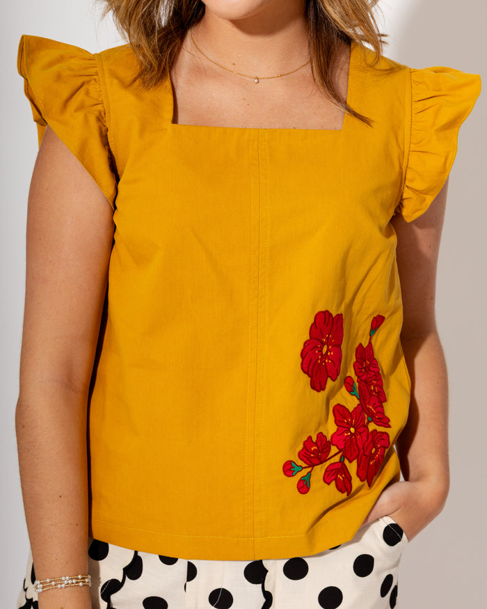 Square Neck Red Bloom Embroidery Top