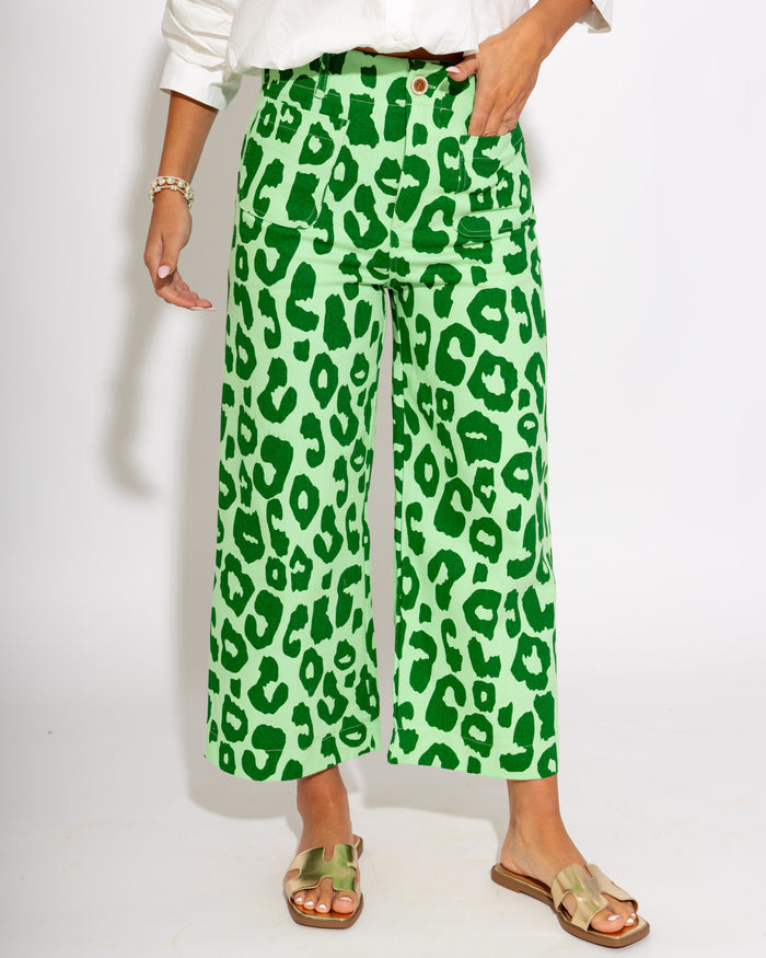 Standout Cropped Leopard Pants in Green