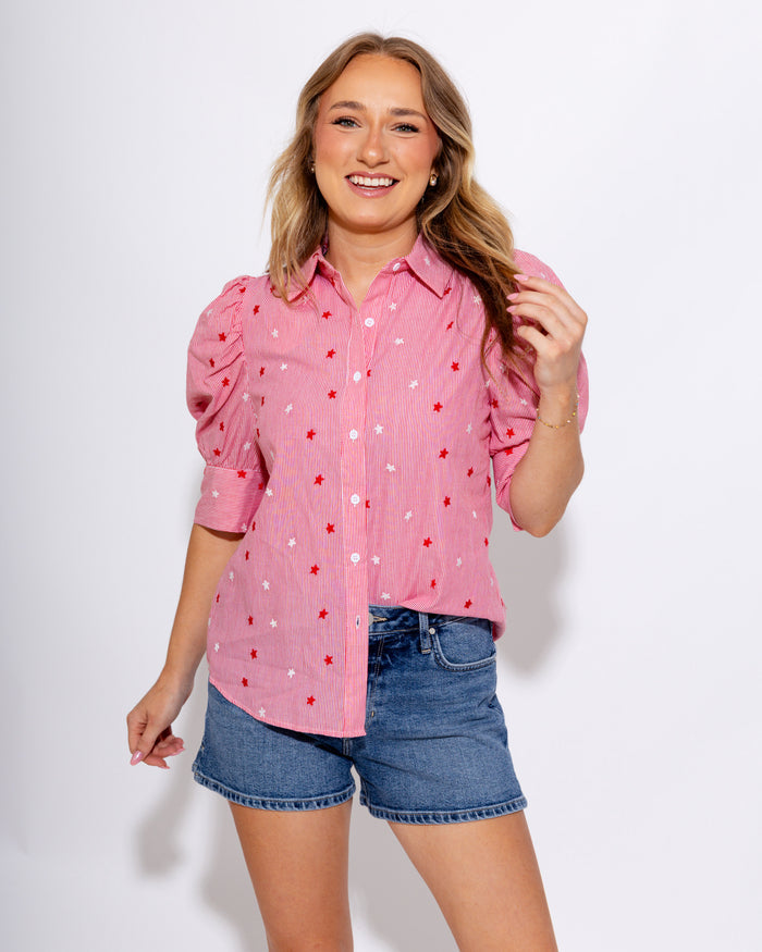 Red striped puff sleeve button-up blouse with star embroidery and ruffle cuffs, women's boutique top at Gaudie & Co