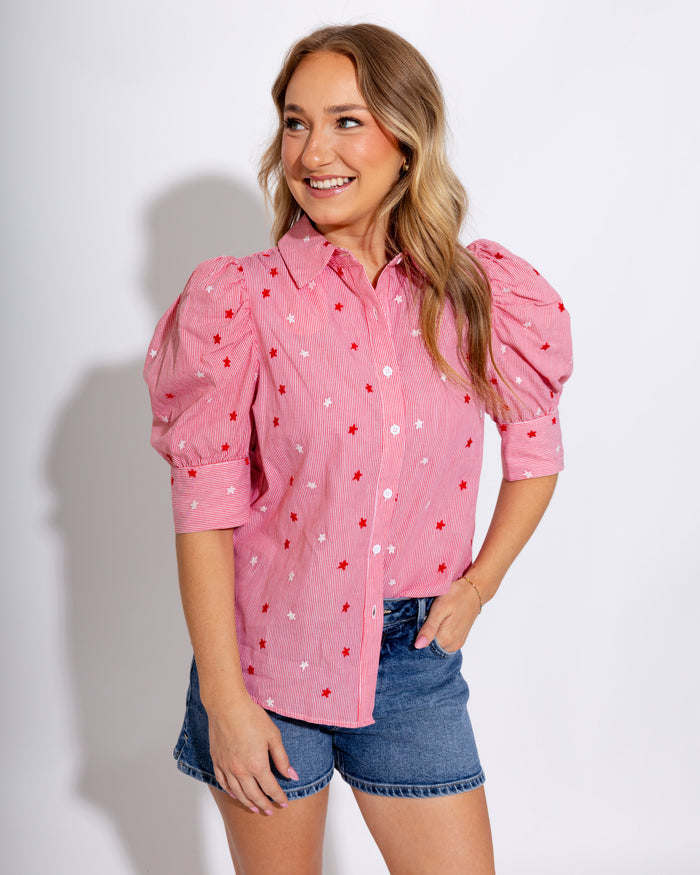 Red striped puff sleeve button-up blouse with star embroidery and ruffle cuffs, women's boutique top at Gaudie & Co