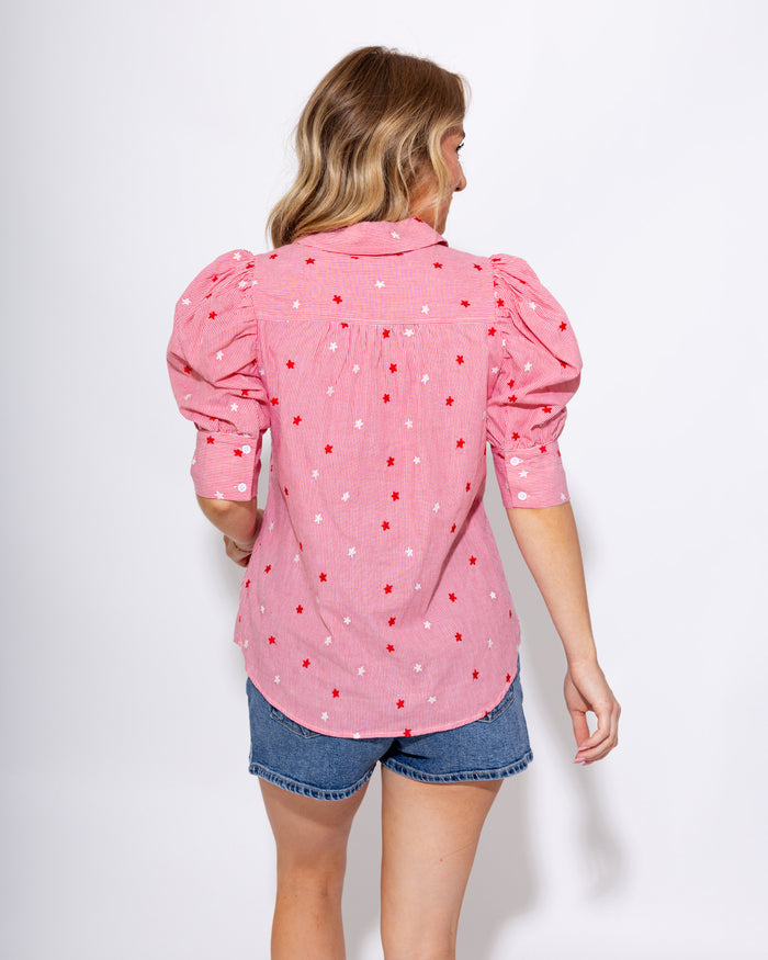 Red striped puff sleeve button-up blouse with star embroidery and ruffle cuffs, women's boutique top at Gaudie & Co