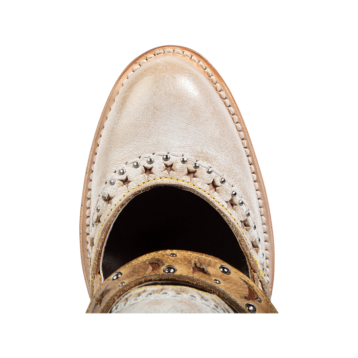 Top view showing an almond toe construction and decorative detailing on FREEBIRD women's Stardom beige bootie