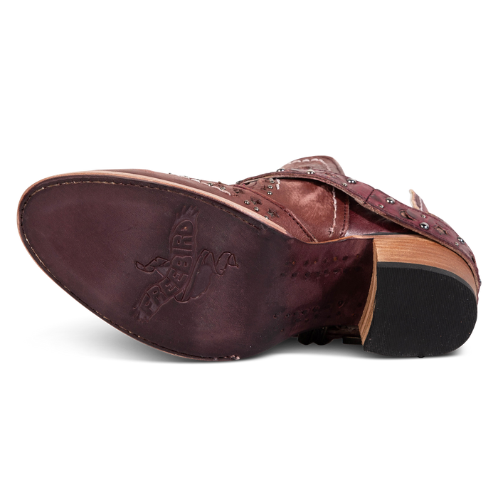 Leather sole imprinted with FREEBIRD on women's Stardom wine bootie