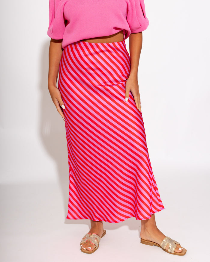 Statement Stripe Midi Skirt in Red/Pink
