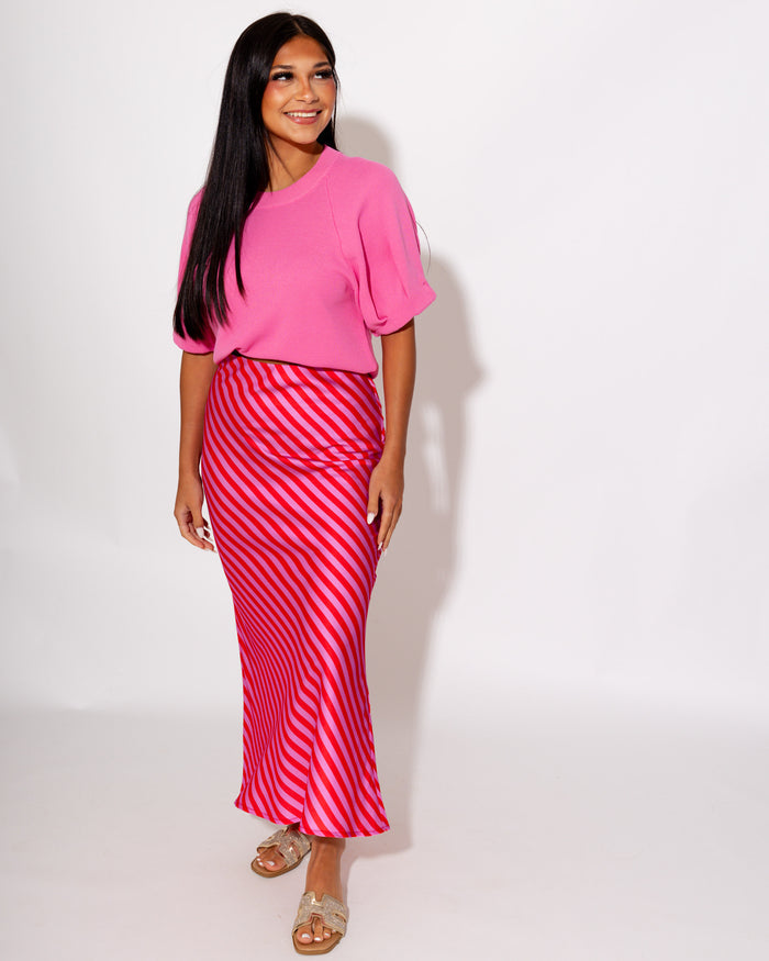 Statement Stripe Midi Skirt in Red/Pink