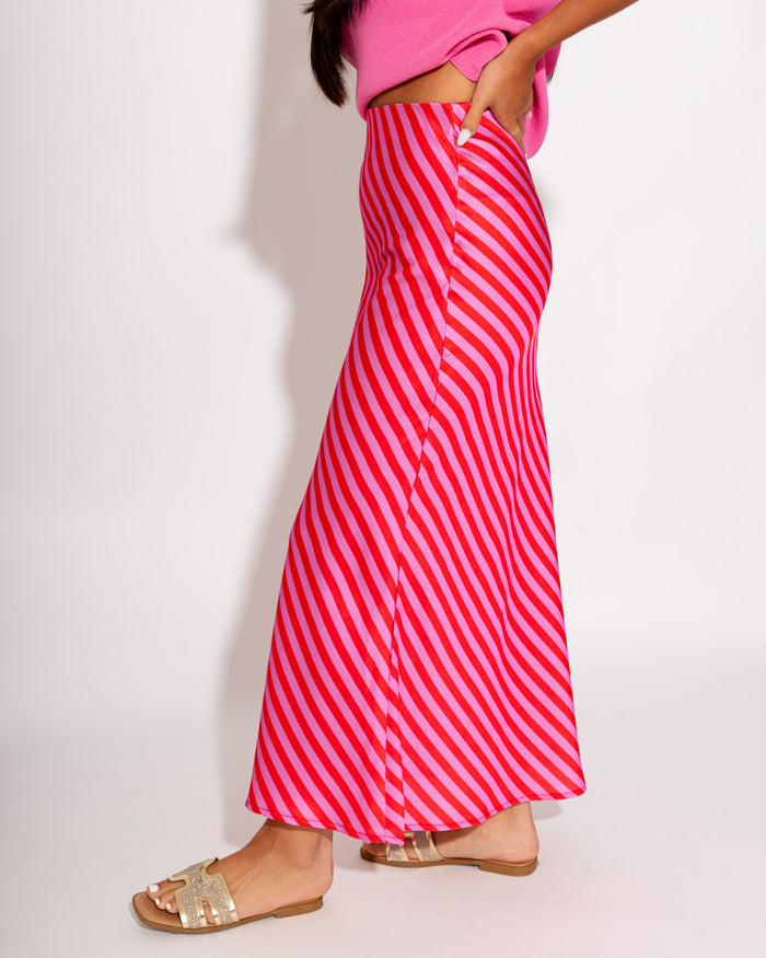 Statement Stripe Midi Skirt in Red/Pink