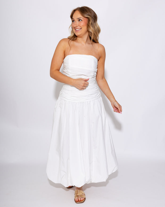 White Strapless Bubble Hem Drop Waist Midi Dress - Mable - Gaudie & Co. TX Boutique