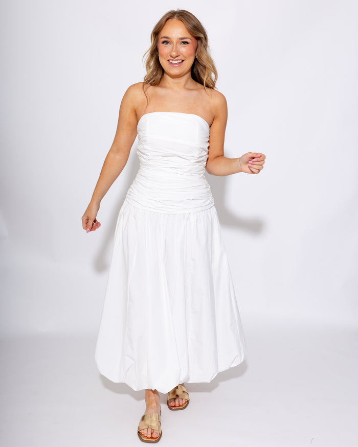 White Strapless Bubble Hem Drop Waist Midi Dress - Mable - Gaudie & Co. TX Boutique