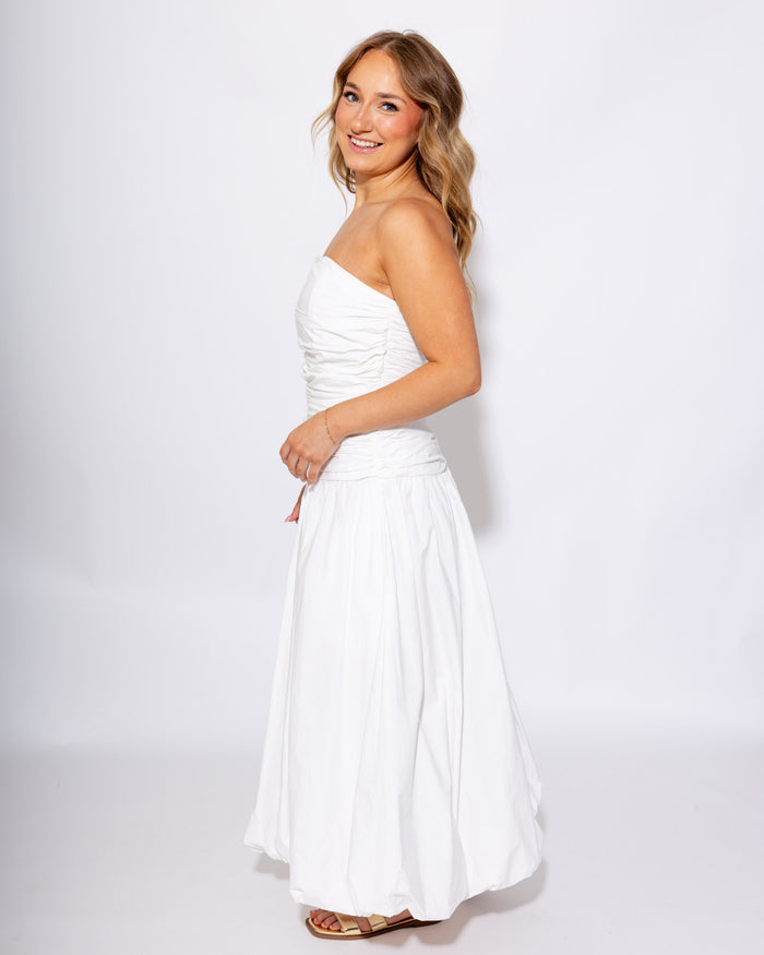 White Strapless Bubble Hem Drop Waist Midi Dress - Mable - Gaudie & Co. TX Boutique