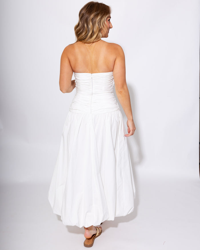 White Strapless Bubble Hem Drop Waist Midi Dress - Mable - Gaudie & Co. TX Boutique