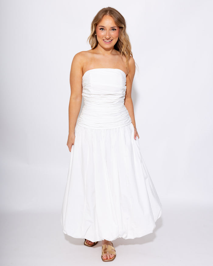 White Strapless Bubble Hem Drop Waist Midi Dress - Mable - Gaudie & Co. TX Boutique