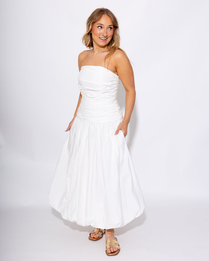 White Strapless Bubble Hem Drop Waist Midi Dress - Mable - Gaudie & Co. TX Boutique