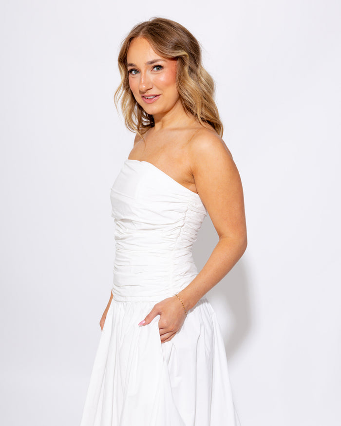 White Strapless Bubble Hem Drop Waist Midi Dress - Mable - Gaudie & Co. TX Boutique