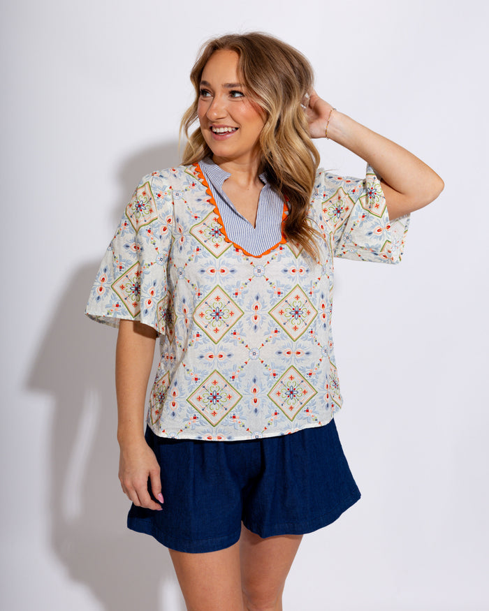 Stripe Contrast Embroidered Floral Top