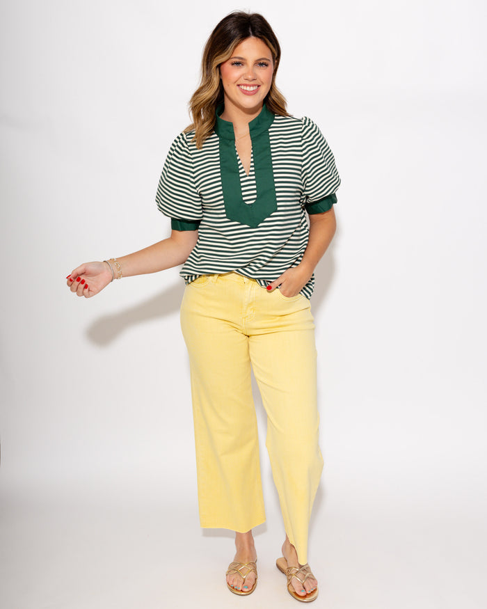Stripe Contrast Puff Sleeve Top in Green