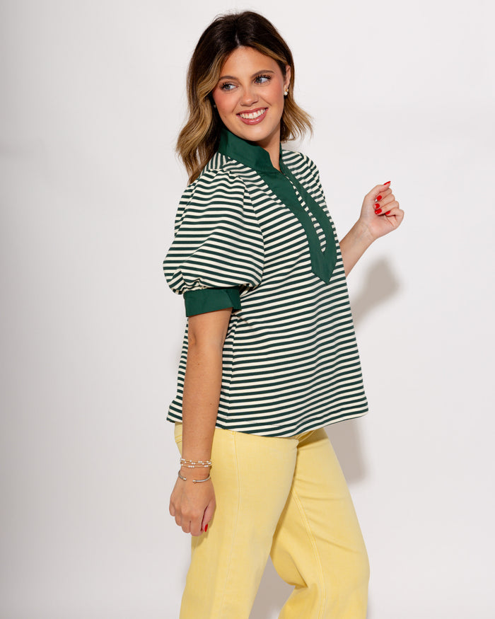 Stripe Contrast Puff Sleeve Top in Green