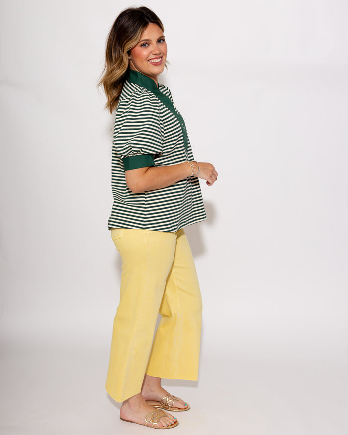 Stripe Contrast Puff Sleeve Top in Green