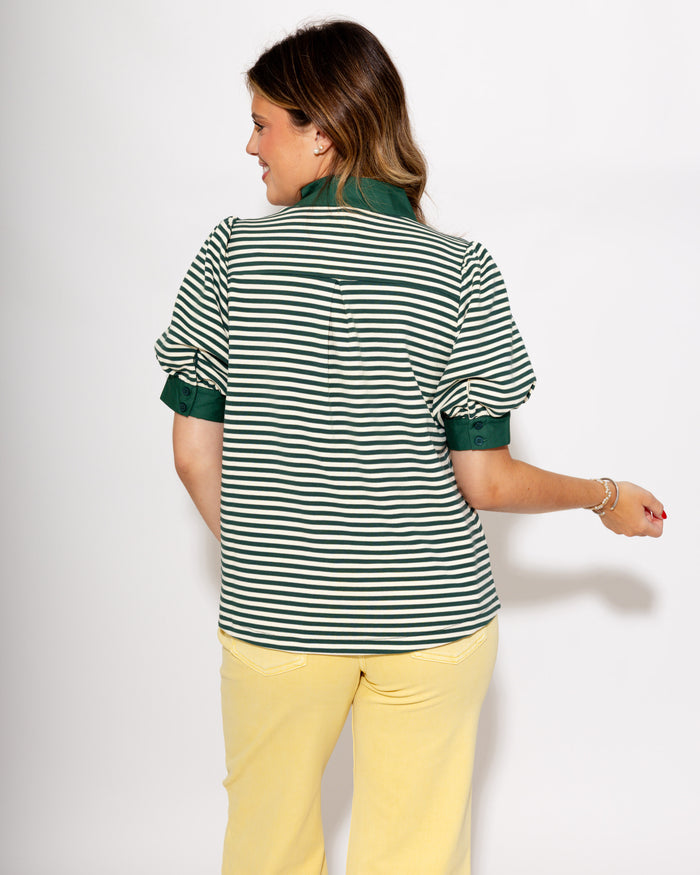 Stripe Contrast Puff Sleeve Top in Green