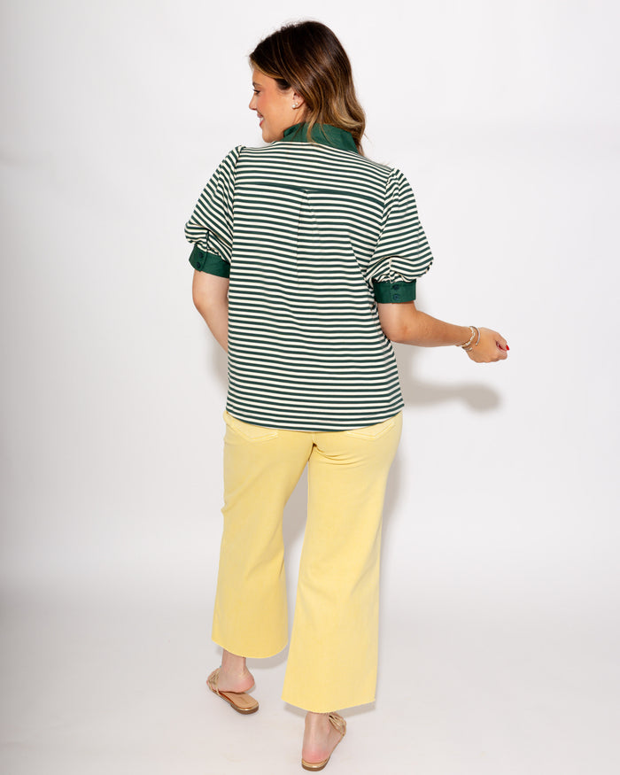 Stripe Contrast Puff Sleeve Top in Green
