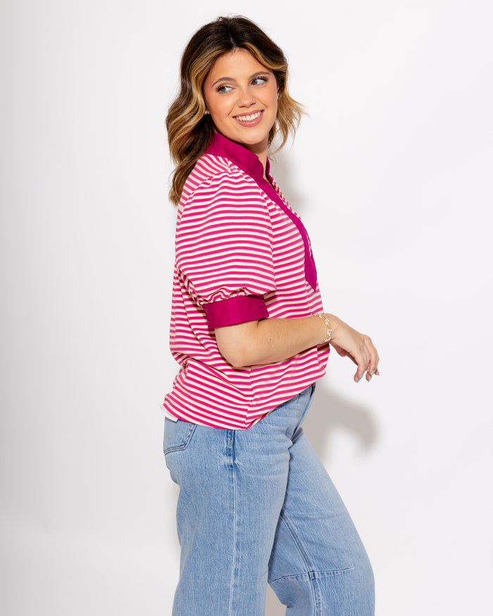 Stripe Contrast Puff Sleeve Top in Magenta