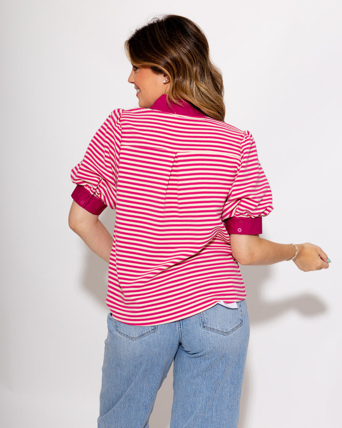 Stripe Contrast Puff Sleeve Top in Magenta