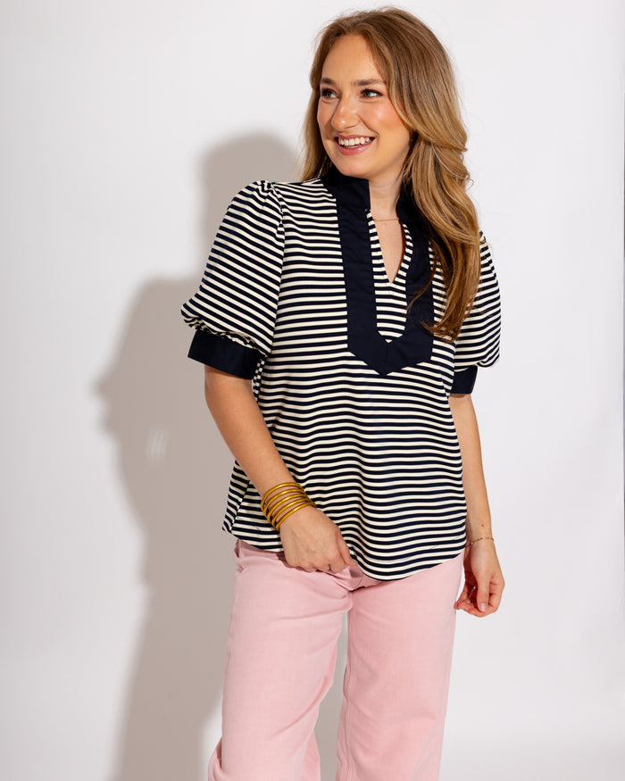 Stripe Contrast Puff Sleeve Top in Navy