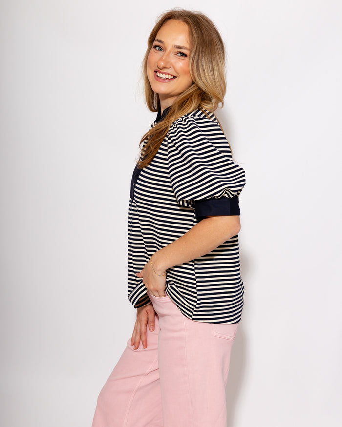 Stripe Contrast Puff Sleeve Top in Navy