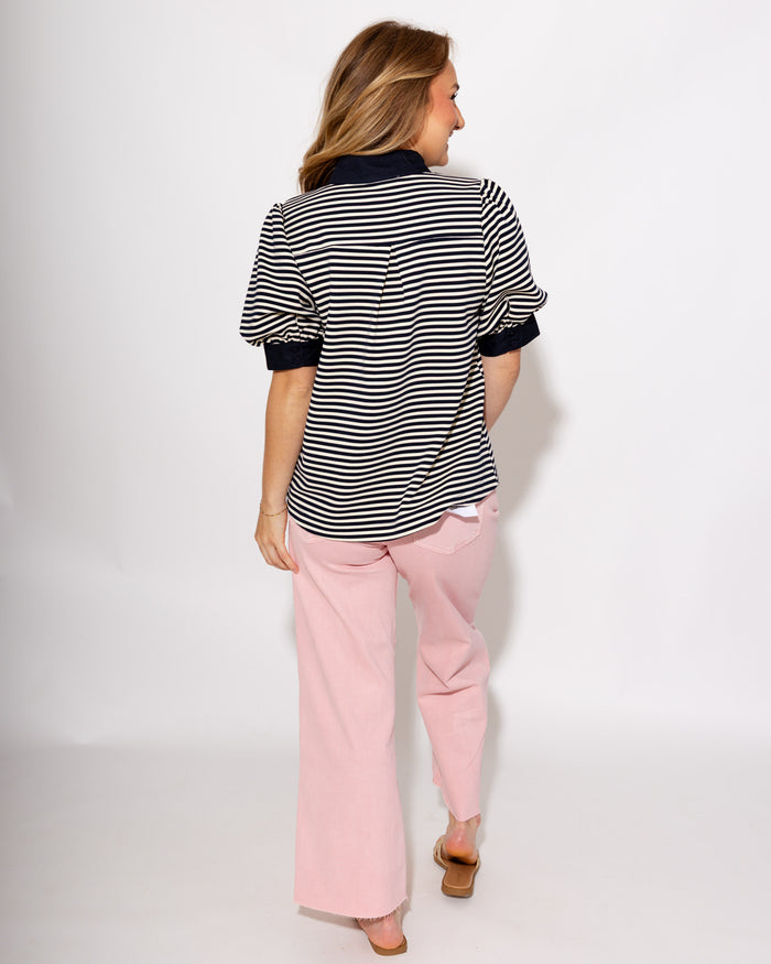 Stripe Contrast Puff Sleeve Top in Navy