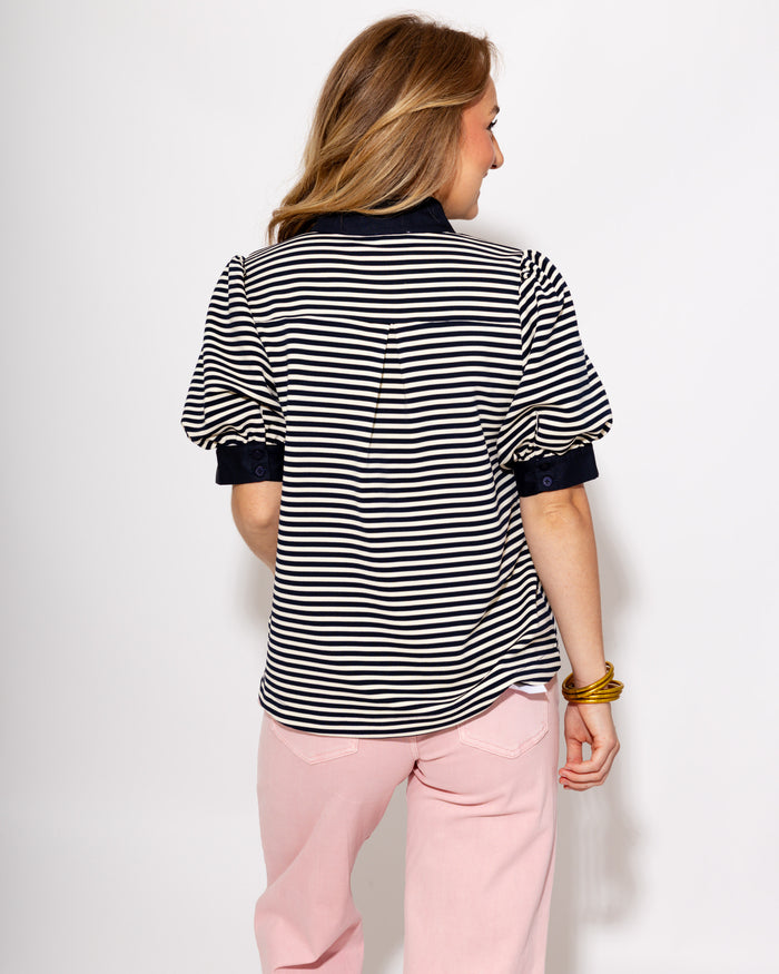 Stripe Contrast Puff Sleeve Top in Navy