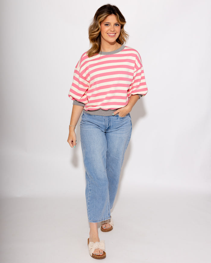Striped Bubble Sleeve Top in Pink